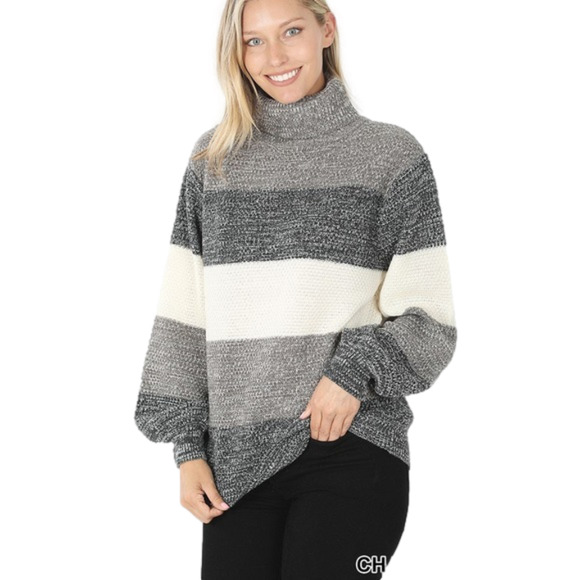 NWOT Color Block Cable Knit Turtle Neck Sweater Black/Grey/White‎ size Small - Picture 1 of 5